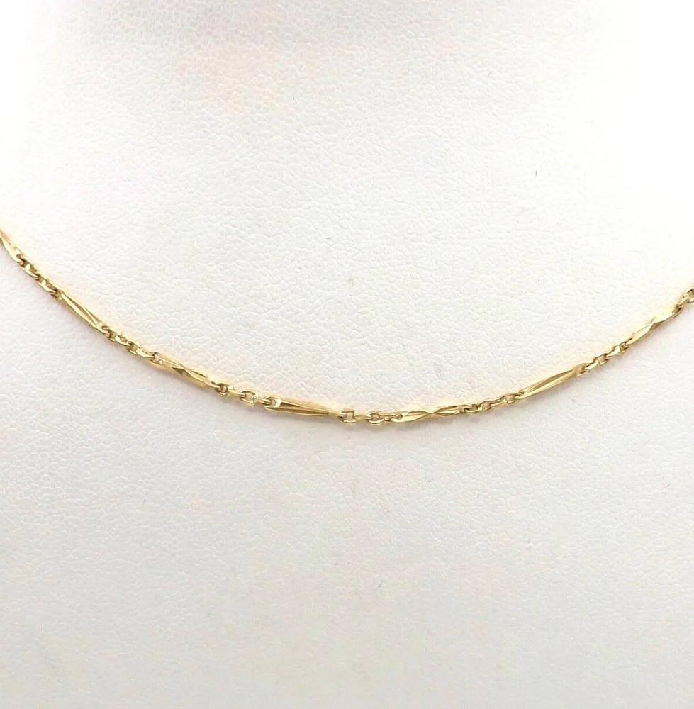 Art Deco Solid 10k Yellow Gold Cable Bar Link Chain Necklace 16in