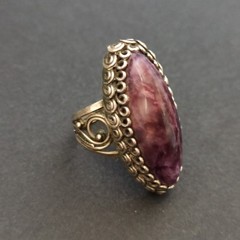 VTG Filigree Ring Large Marquise Amethyst Stone Boho Bohemian Cabochon Purple
