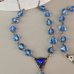 Vintage Art Deco Necklace Bracelet Set Blue Glass 16″