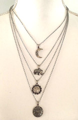 Chic Trendy Boho Multi-Strand Chains Silver Tone Moon Elephant 20-26″ Necklace