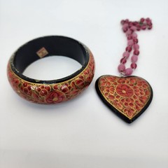 Vintage India Hand Painted Bangle Necklace Heart Floral Boho Beads