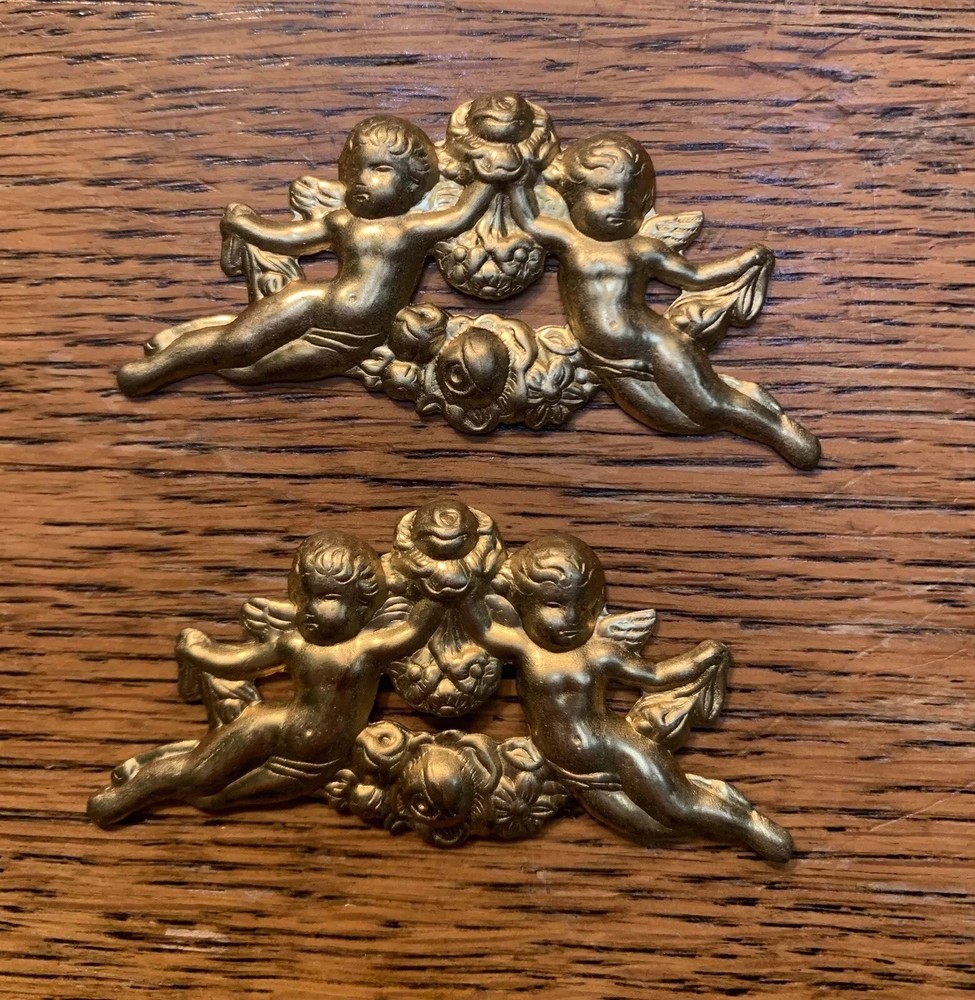 Pair Victorian Cherub Brass Flower Bouquet Brooch Stamping Antique French Mold