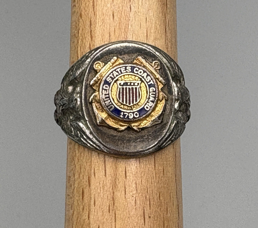 Vintage Sterling Silver United States Coast Guard Signet Ring Enameled 8.5 1790