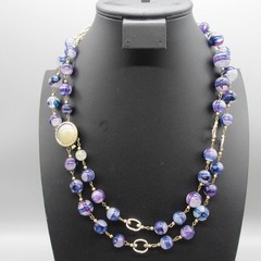 Vintage Hong Kong Necklace Earrings Set Beaded Blue Purple Clip Ons 23 Inch
