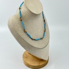 Vintage Style Blue Seed Bead & Earth Tone Accent Necklace Boho Summer Jewelry