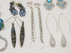 VTG Dangle Earrings Lot Pierced 1 Clip Silver Tone Blue Clear Rhinestones D2115