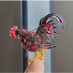 BROOCH-Vintage-Inspired Rooster Brooch, Glass Inlay, Silvery-Plated