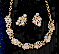 Aurora Borealis Set Necklace Clip On Earrings Rhinestone Vintage Demi