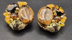 Vintage HONG KONG Clip On Earrings Amber Glass Stone Cluster Gold Tone