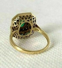 Art Deco 2CT Oval Cut Real Green Emerald Vintage Halo Ring 14K Two-Tone Gold FN