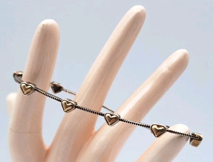 VTG STERLING SILVER & 14K WJ Signed TwoTone Puffy Heart Bar Link Dainty Bracelet