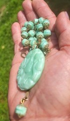 VINTAGE ART NOUVEAU LADY CAMEO URANIUM PENDANT GLASS BEAD NECKLACE SET OOAK GLOW