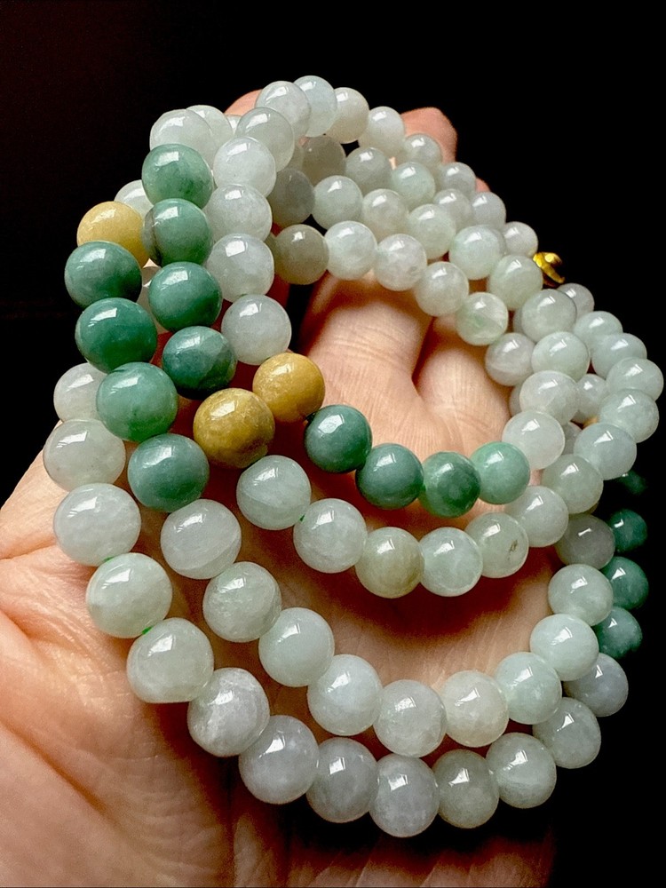 Grade A Untreated Burma Jadeite 純天然翡翠A貨老坑緬甸有種有色三彩長珠串項鍊 Certified