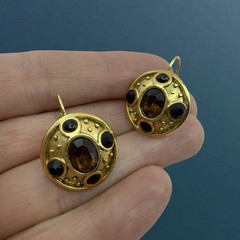 Vintage SIGNED Edgar Berebi ▪️ Etruscan Revival Amber Rhinestone Gold Earrings