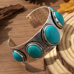 Classic Bohemian Inlaid Turquoise Carved Thick Solid Zinc Open Cuff Bracelet