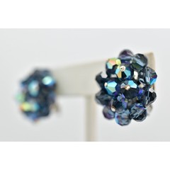 Vintage Crystal Clip On Earrings Deep Navy Blue AB Cluster Glamour 1950s A24