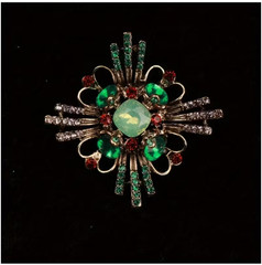 BROOCH- Vintage Style Brooch with Inlaid Green and Burgundy Rhinestones