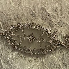 10K White Gold Camphor Glass Diamond Art Deco Filigree Bracelet 7.5″