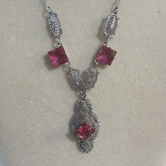Antique ART DECO Silver Tone PINK CZECH Glass Filigree Necklace 18 inchs