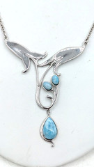 Vintage Floral Pendant Necklace Sterling Silver 925 Thailand Blue Glass