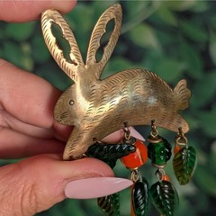 Vintage Artisan Brass Glass Rabbit Brooch Carrots Leaves Etched Bunny Art Pin
