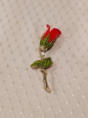 Vintage Enamel Red Rosebud Gold Stem Green Leaves Brooch Pin 3″ Long