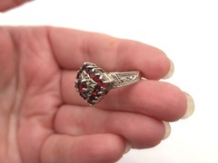 Vintage Sterling Silver Victorian Style Garnet Filigree Ring Signed CNA THAILAND