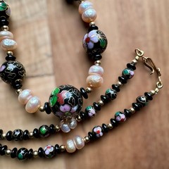 Vintage Chinese Cloisonne Necklace 26 Inch Floral Beads Baroque Pearls Flowers