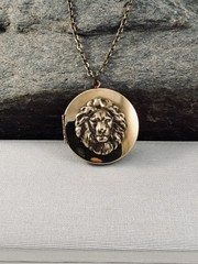 Vintage Lion Locket Necklace, Antique Brass Photo Pendant Pill Keepsake Box