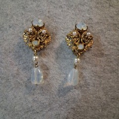 Vtg West Germany Opaline Moonstone Glass Faux Pearl Filigree Dangle Earrings