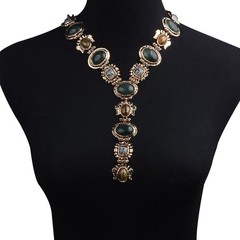 Vintage Glam Green stone Tiger Eye Choker Gold Victorian Statement Necklace gift