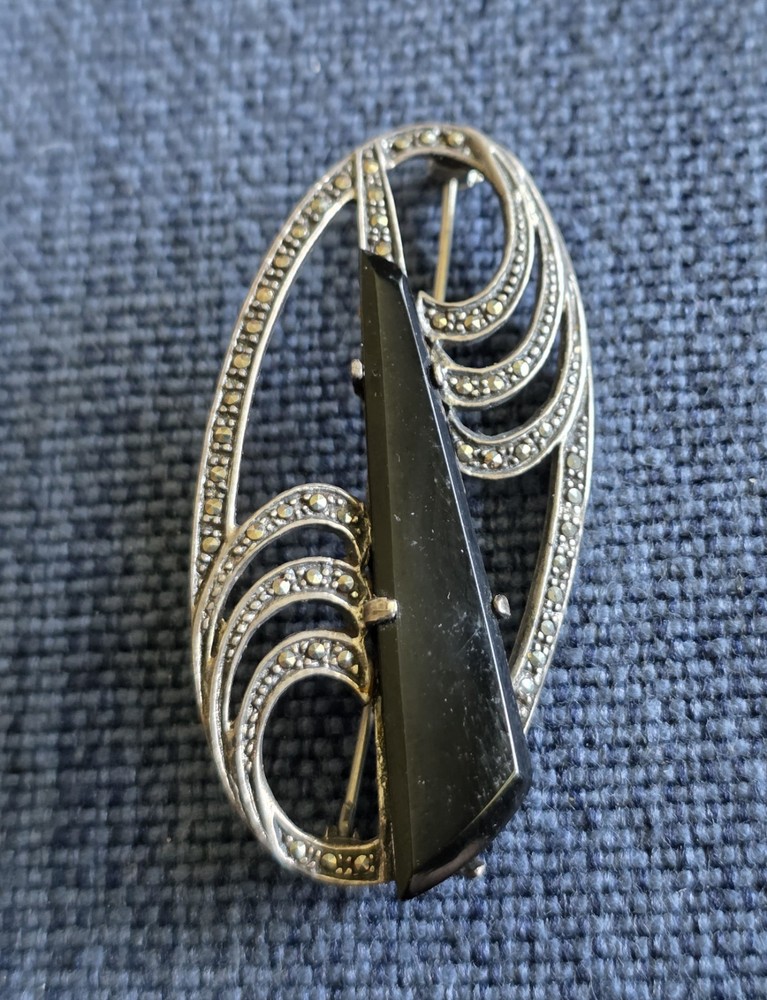 1980 German-Imported Oval Onyx & Marcasite 2.25″ Sterling Pin
