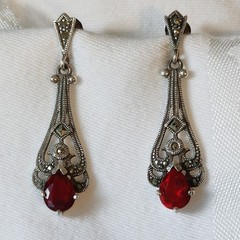 Vintage Sterling Silver Marcasite Red Pear Drop Earrings Art Deco 925 Dangle
