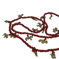 Vintage Chachal Red Glass Bead Necklace Brass Animal Charms 56” Strand India