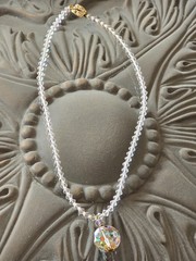 CZECH AURORA BOREALIS CRYSTAL BALL w CRYSTAL CHAIN PENDANT NECKLACE☆FILIGREE CAP