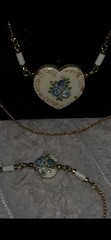 Vintage Japanese Tensha Blue Rose Porcelain Heart Necklace With Match Bracelet