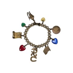VTG United States US History Charm Bracelet Brass Enamel Bookchain Heart Charms