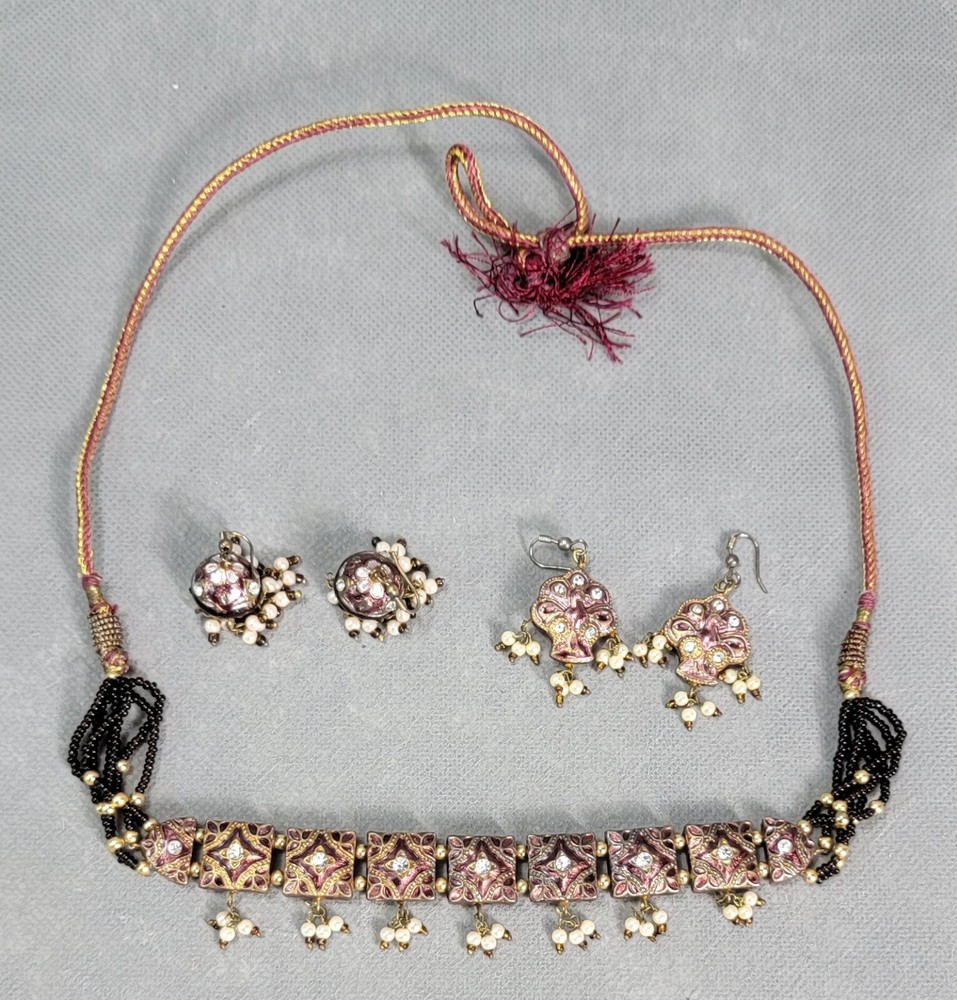 Vintage BOHEMIAN Enamel & Rhinestone NECKLACE & EARRINGS Boho INDIA Lot