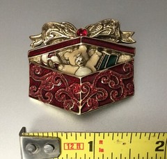 Christmas Teddy Bear in Gift Box Pin Victorian Style Gold Tone & Red Enamel