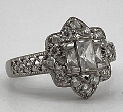 MEDA Sterling COCKTAIL RING w/Baguette & Other CZ In Filigree Setting Size 7.5