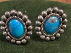 Vintage Mexico Turquoise 925 Silver EARRINGS Clip Back Ovals Bead & Rope Trim