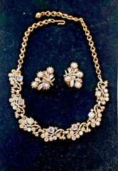 Aurora Borealis Set Necklace Clip On Earrings Rhinestone Vintage Demi