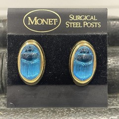 Vtg Monet Carved Blue Glass Scarab Earrings w Gold Tone Settings Mint on Card