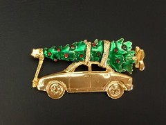 AJC Christmas Brooch Bringing Home the Tree with Car Gold Tone and Enamel