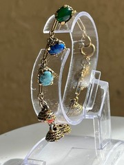 Vintage Egyptian Revival Gemstone Charm Bracelet Gold Tone 6.5”
