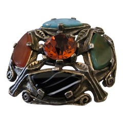 Vintage Miracle Celtic Brooch Scottish Agate Style Glass/Rhinestone Multicolor