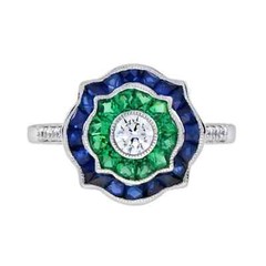 Art Deco Style Lab Created Diamond Emerald Sapphire Ring 14K White Gold Finish