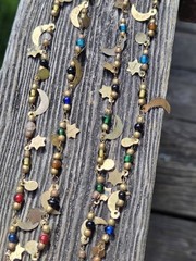 Vintage 70s Starlight Necklace Glass Beaded Celestial Stars Moon Long Brass