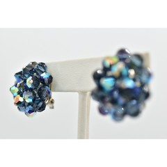 Vintage Crystal Clip On Earrings Deep Navy Blue AB Cluster Glamour 1950s A24