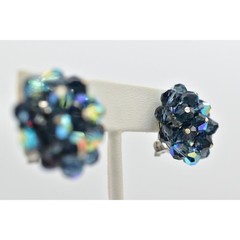 Vintage Crystal Clip On Earrings Deep Navy Blue AB Cluster Glamour 1950s A24